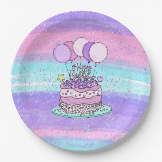 ピンクと紫のハッピーバースデーパーティー ペーパープレート (正面)