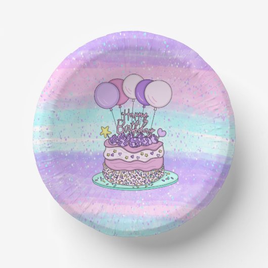 ピンクと紫のハッピーバースデーパーティー ペーパーボウル (正面)