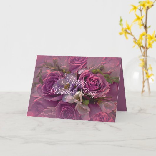 ピンクと紫のバラ母の日のグリーティングカード カード (黄色い花)