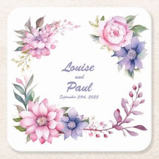 ピンクと紫のバラ:パーソナライズされたの結婚コースター スクエアペーパーコースター