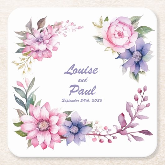 ピンクと紫のバラ:パーソナライズされたの結婚コースター スクエアペーパーコースター (正面)