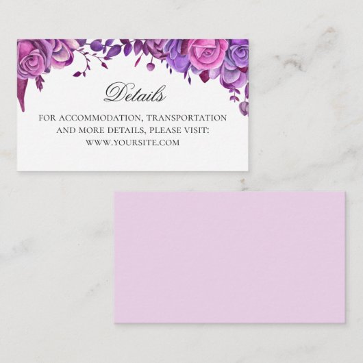 ピンクと紫のバラ。フローラ結婚詳細 エンクロージャーカード (正面/裏面)