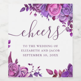 ピンクと紫のバラ。水彩花の結婚式W ワインラベル