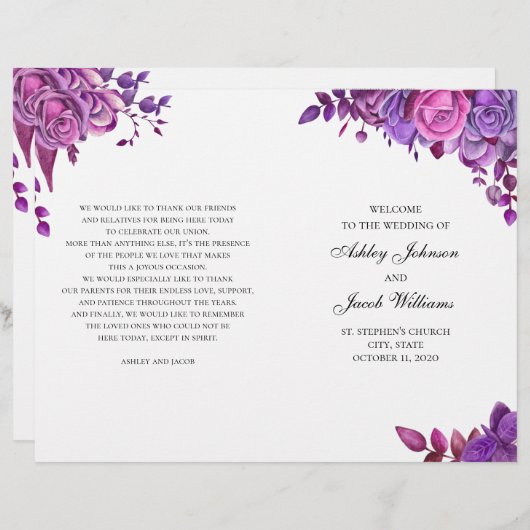 ピンクと紫のバラ。結婚式 プログラム折 (正面/裏面)