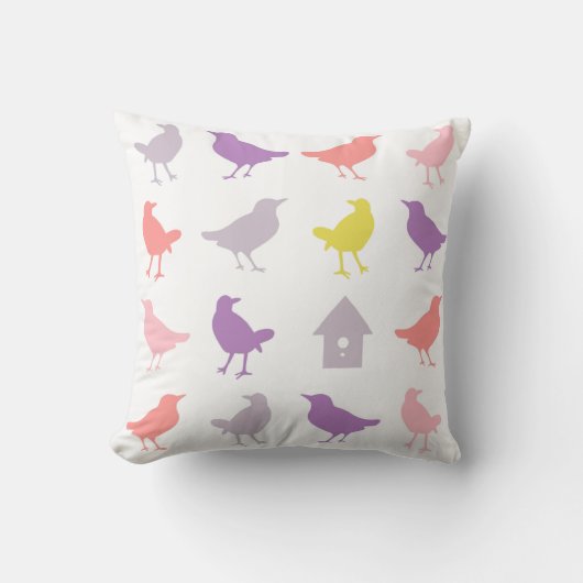 ピンクと紫のパステルの鳥とバードハウス クッション (正面)