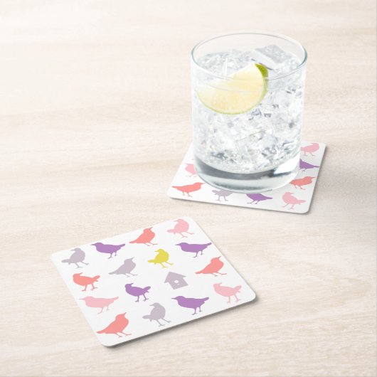 ピンクと紫のパステルの鳥とバードハウス スクエアペーパーコースター (インサイチュ)