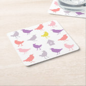 ピンクと紫のパステルの鳥とバードハウス スクエアペーパーコースター (アングル)