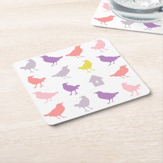 ピンクと紫のパステルの鳥とバードハウス スクエアペーパーコースター (アングル)