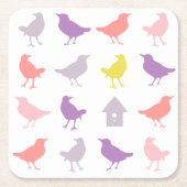 ピンクと紫のパステルの鳥とバードハウス スクエアペーパーコースター (正面)