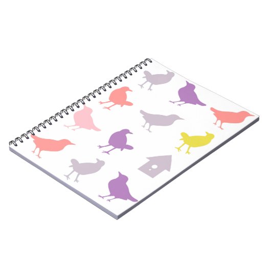 ピンクと紫のパステルの鳥とバードハウス ノートブック (左側)