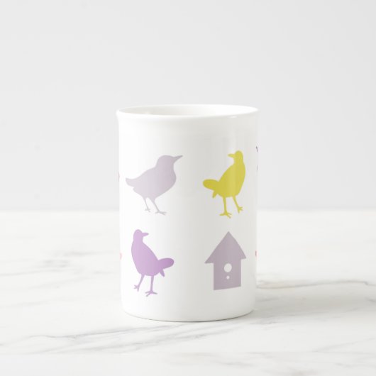 ピンクと紫のパステルの鳥とバードハウス ボーンチャイナマグカップ (正面)