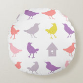 ピンクと紫のパステルの鳥とバードハウス ラウンドクッション (正面)