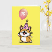 ピンクと紫のパーティーハットコーギ16誕生日 カード (黄色い花)