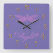 ピンクと紫のファンタジートンボ スクエア壁時計 (正面)