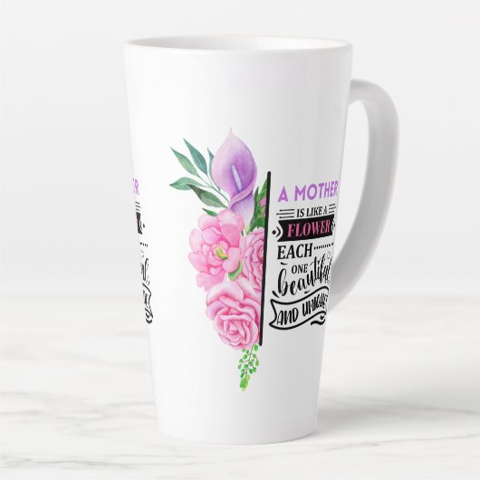 ピンクと紫のフローラと引用文 カフェラテマグ (右アングル)