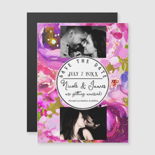 ピンクと紫のフローラのポップ鮮やか日付を保存 (正面/裏面)
