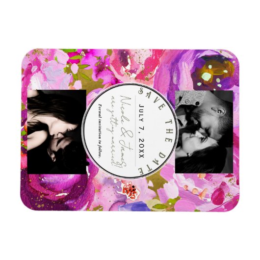 ピンクと紫のフローラのポップ鮮やか日付を保存 マグネット (横)