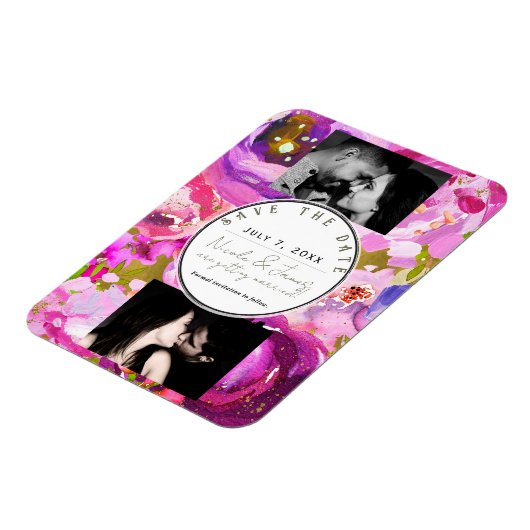 ピンクと紫のフローラのポップ鮮やか日付を保存 マグネット (左側)