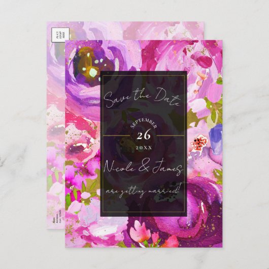 ピンクと紫のフローラのポップ鮮やか日付を保存 案内ポストカード (正面/裏面)
