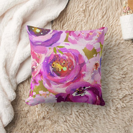 ピンクと紫のフローラのポップ鮮やか クッション (ブランケット)