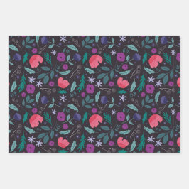 ピンクと紫のフローライラストレーションパターン ラッピングペーパーシート