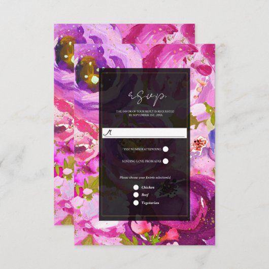 ピンクと紫のフローラウェディング鮮やかRSVPのポップ 出欠カード (正面/裏面)