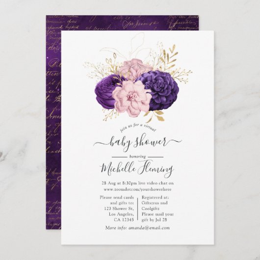 ピンクと紫のフローラバーチャルベビーシャワー 招待状 (正面/裏面)