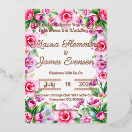 ピンクと紫のフローラフォイル招待状 箔招待状