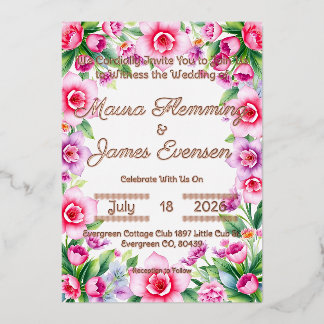 ピンクと紫のフローラフォイル招待状 箔招待状