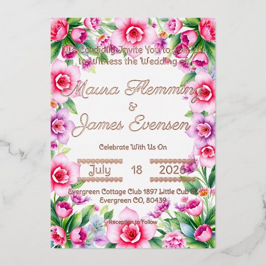 ピンクと紫のフローラフォイル招待状 箔招待状 (正面)