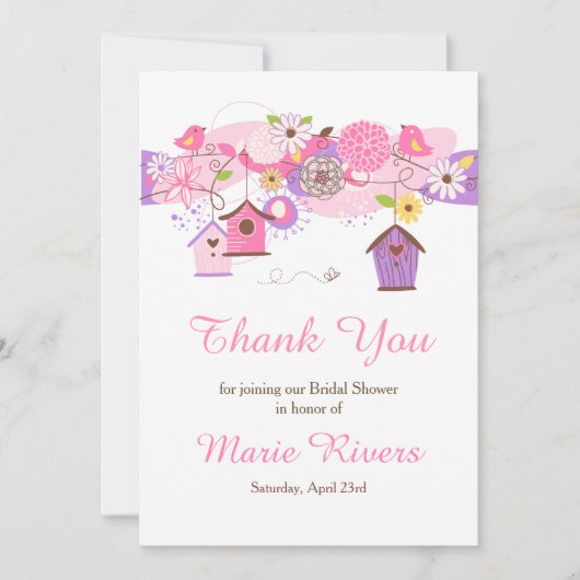 ピンクと紫のフローラブライダルシャワーサンキューカード サンキューカード (正面)