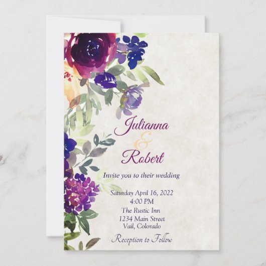 ピンクと紫のフローラ予算結婚の 招待状 (正面)