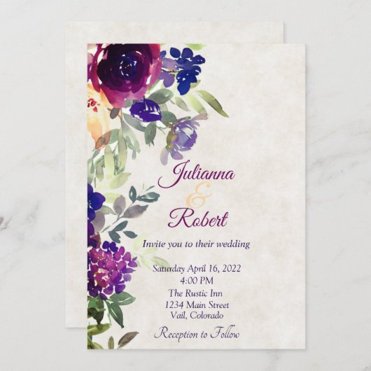 ピンクと紫のフローラ予算結婚の 招待状 (正面/裏面)