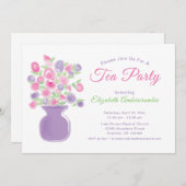 ピンクと紫のフローラ水の色の紅茶パーティー 招待状 (正面/裏面)