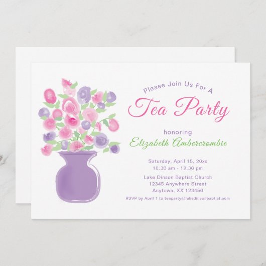 ピンクと紫のフローラ水の色の紅茶パーティー 招待状 (正面/裏面)