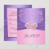 ピンクと紫のフローラ結合ハートRSVPカード 出欠カード (正面/裏面)