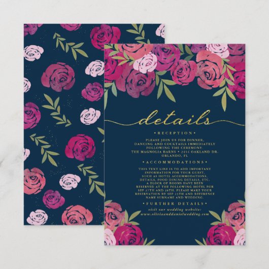 ピンクと紫のフローラ葉バラの結婚詳細 エンクロージャーカード (正面/裏面)