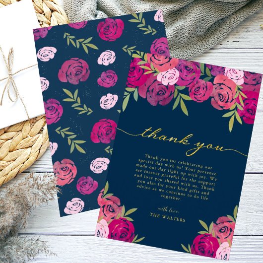 ピンクと紫のフローラ葉バラブルー結婚ズ サンキューカード