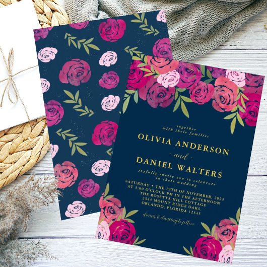 ピンクと紫のフローラ葉バラブルー結婚ズ 招待状