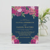 ピンクと紫のフローラ葉バラブルー結婚ズ 招待状 (スタンド正面)