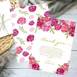ピンクと紫のフローラ葉バラホワイト結婚ズ サンキューカード