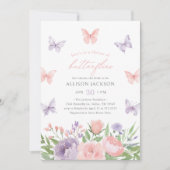 ピンクと紫のフローラ蝶ブライダルシャワー 招待状 (正面)