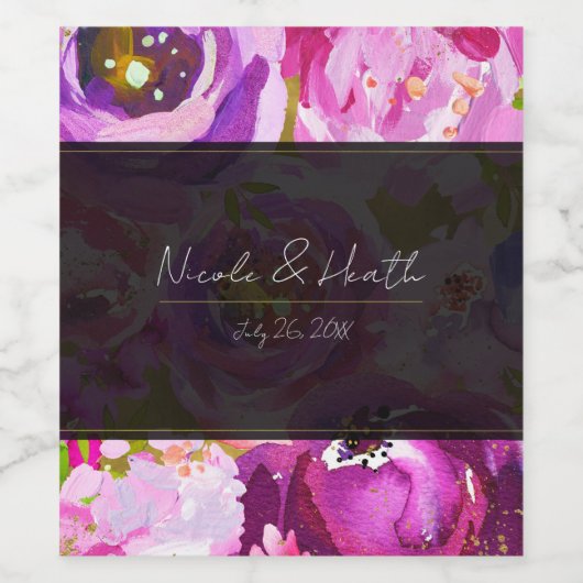 ピンクと紫のフローラ鮮やかのポップ結婚 ワインラベル (シングルラベル)