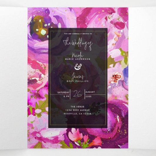 ピンクと紫のフローラ鮮やかのポップ結婚 三つ折り招待状 (内部中)