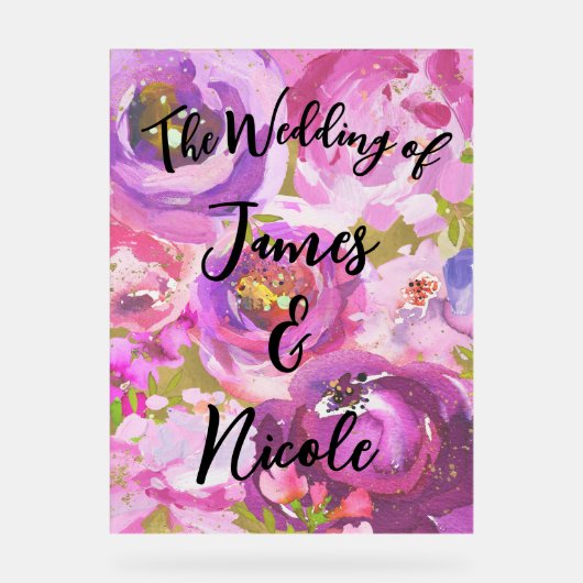 ピンクと紫のフローラ鮮やかの結婚ポップ アクリルサイン (正面)