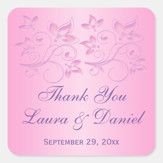 ピンクと紫のフローラ1.5インチ結婚式の引き出物シール スクエアシール (正面)