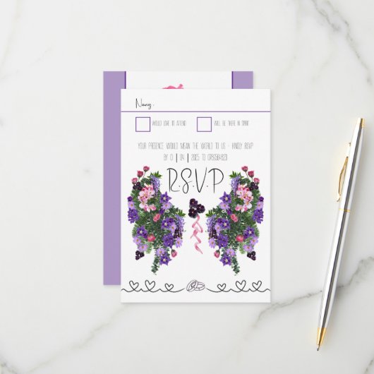 ピンクと紫のフローラ 出欠カード (正面/裏面インサイチュ)