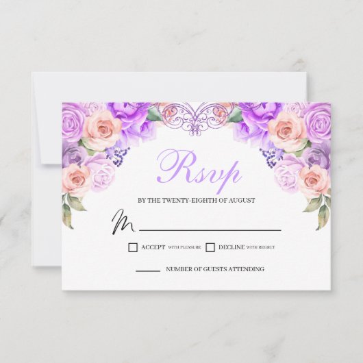 ピンクと紫のフローラRSVPエンクロージャカード 出欠カード (正面)