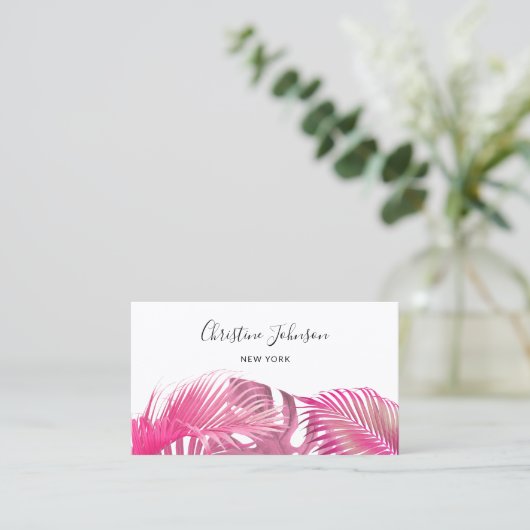 ピンクと紫のヤシの離れビジネスカード 名刺 (スタンド正面)