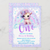 ピンクと紫のユニコーンの誕生日 招待状 (正面/裏面)